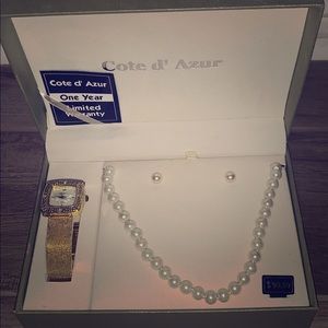 Watch and pearl necklace and earring set